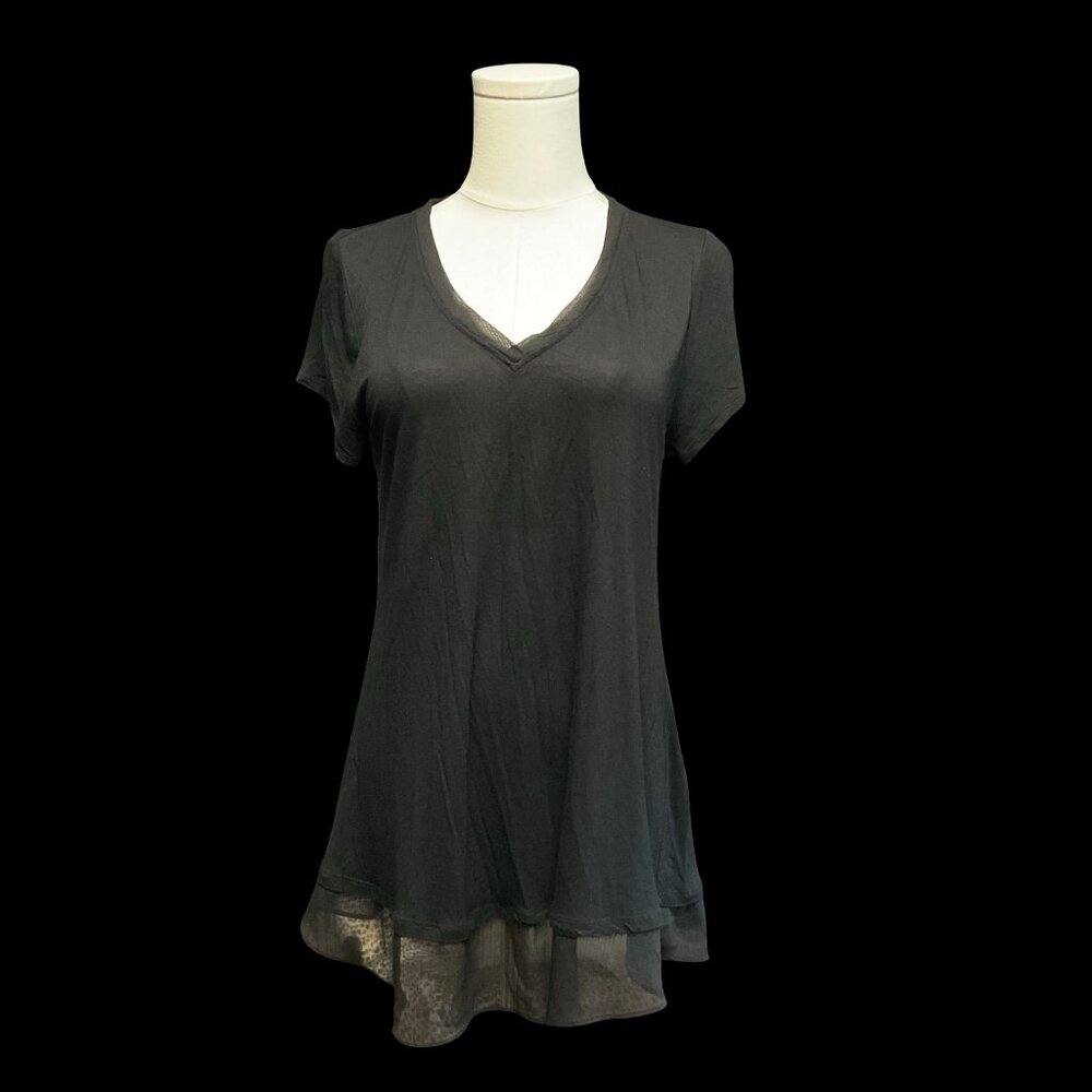 Black V-Neck Tee w/ Sheer Hem & Neckline Detail
